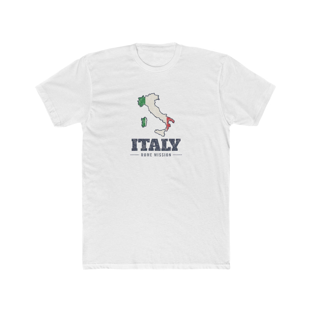 Italy Rome Mission Flag Map shirt in White: flag of Italy in the outline of Italy with navy lettering, front view