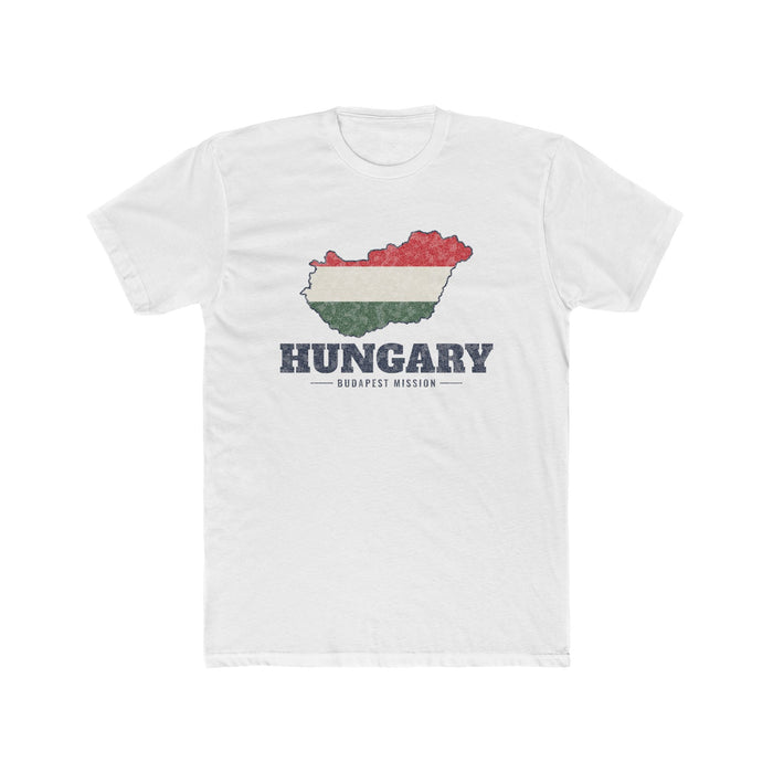 Hungary Budapest Mission Flag Map shirt in White: flag of Hungary in the outline of Hungary with navy lettering, front view