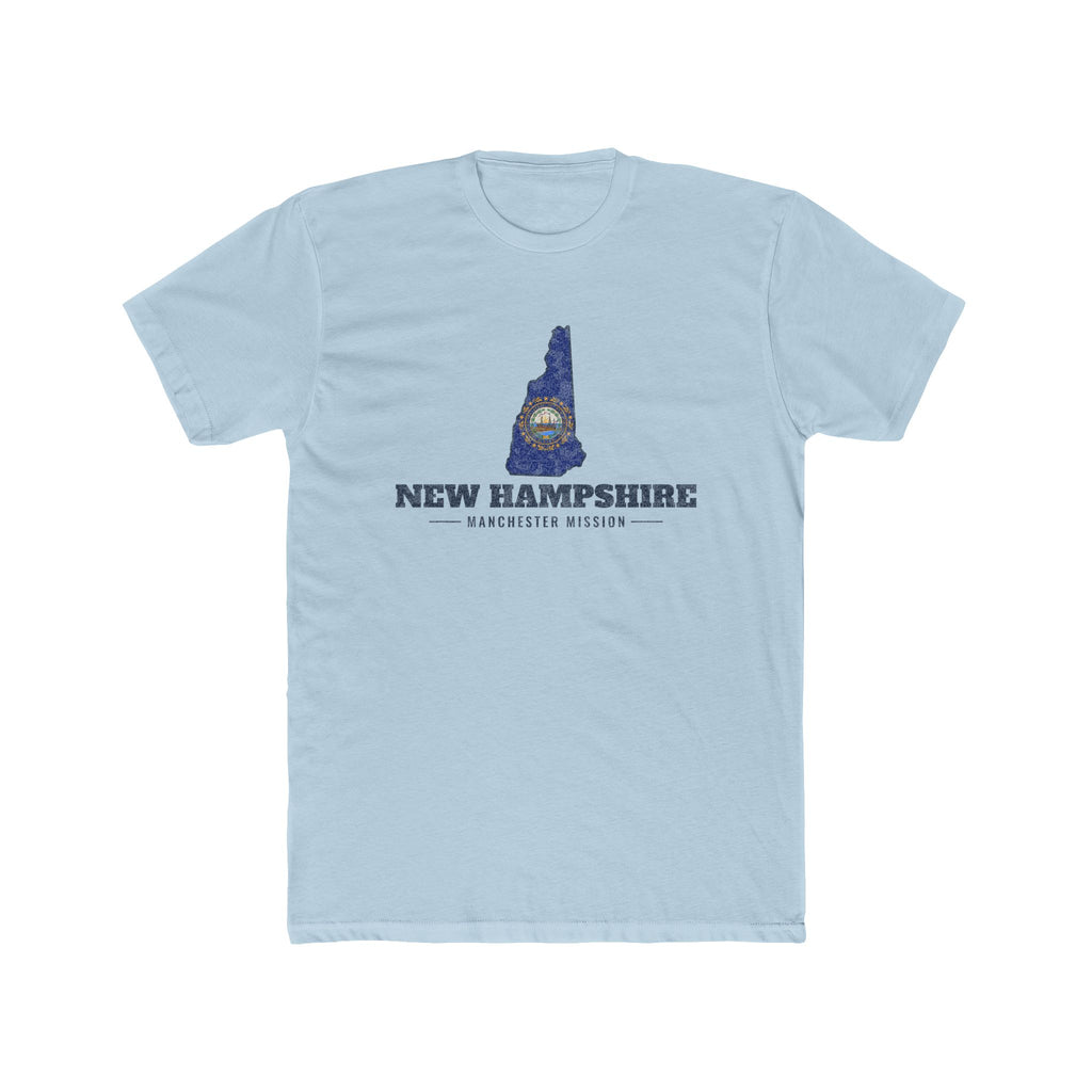 New Hampshire Manchester Mission Flag Map shirt in Desert Pink: New Hampshire state flag in the outline of New Hampshire with navy lettering, front view