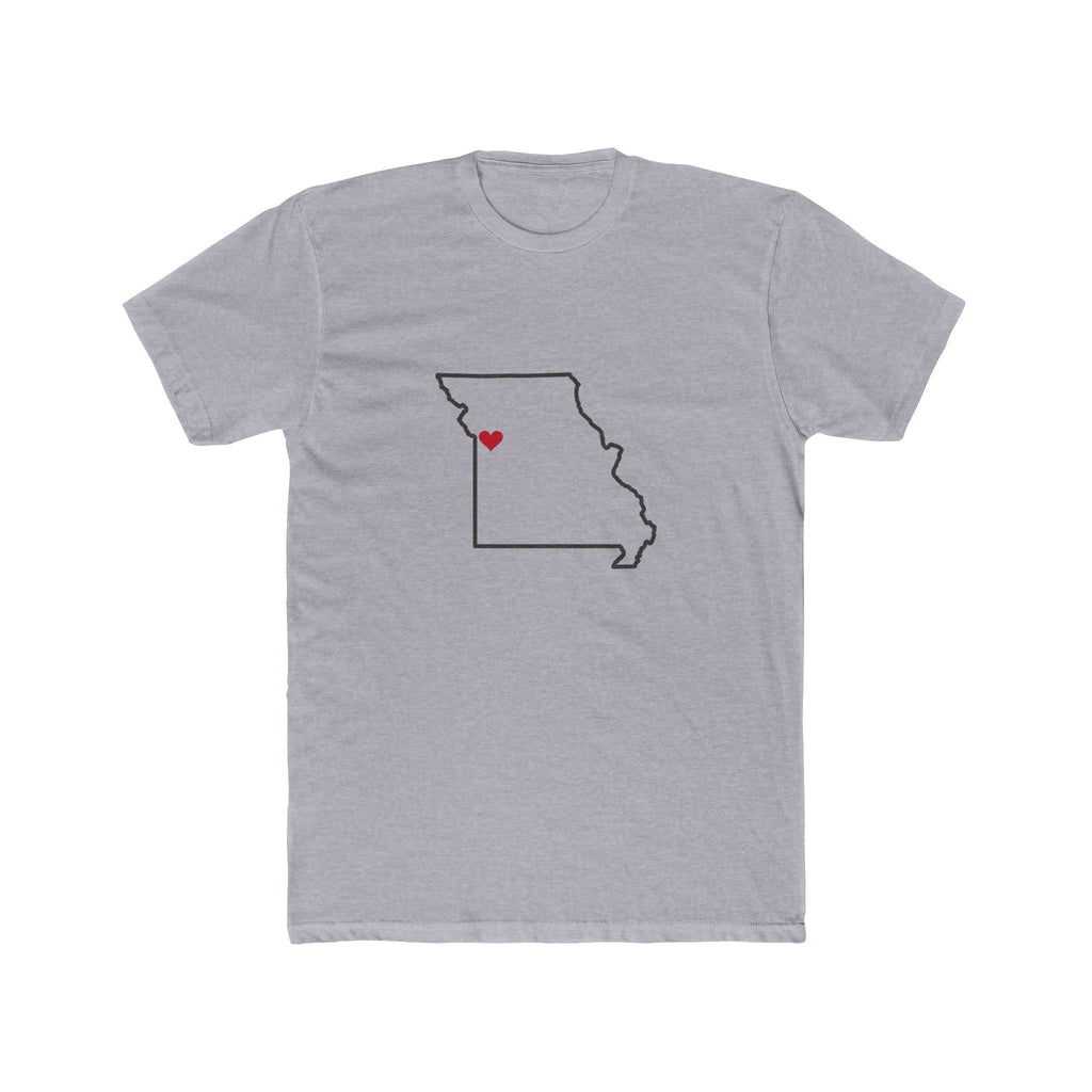 Missouri Independence Mission Heart Map shirt in Heather Grey: Missouri outline with a red heart, front view