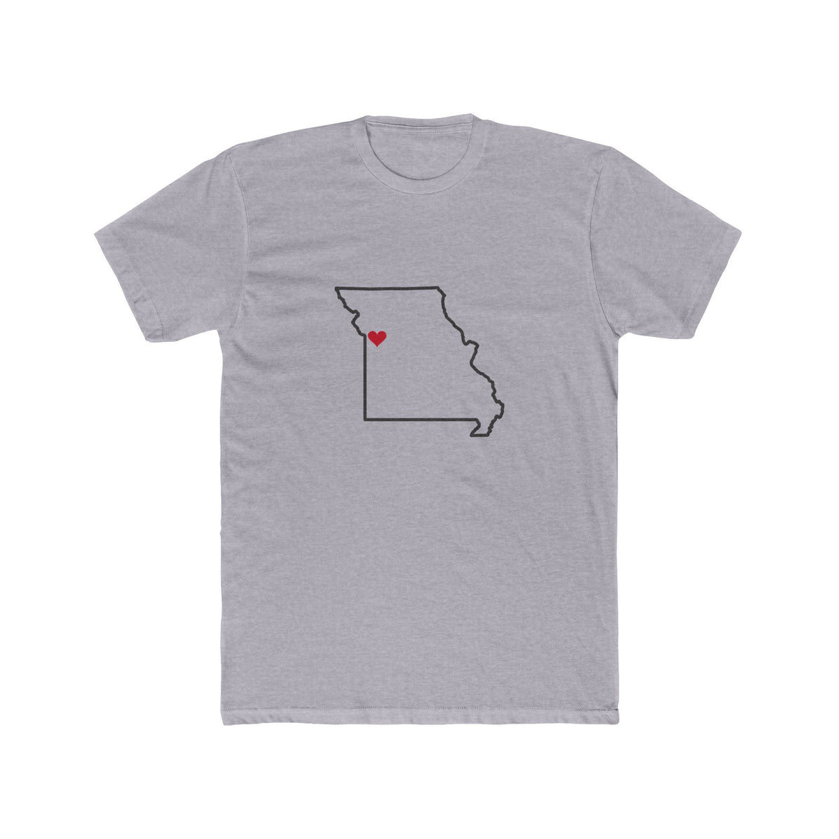 Missouri Independence Mission Heart Map shirt in Heather Grey: Missouri outline with a red heart, front view