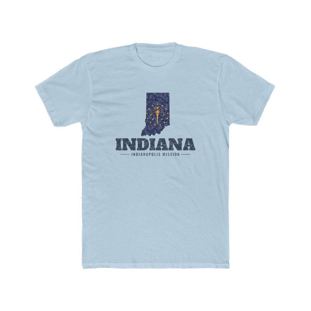 Indiana Indianapolis Mission Flag Map shirt in Desert Pink: Indiana state flag in the outline of Indiana with navy lettering, front view