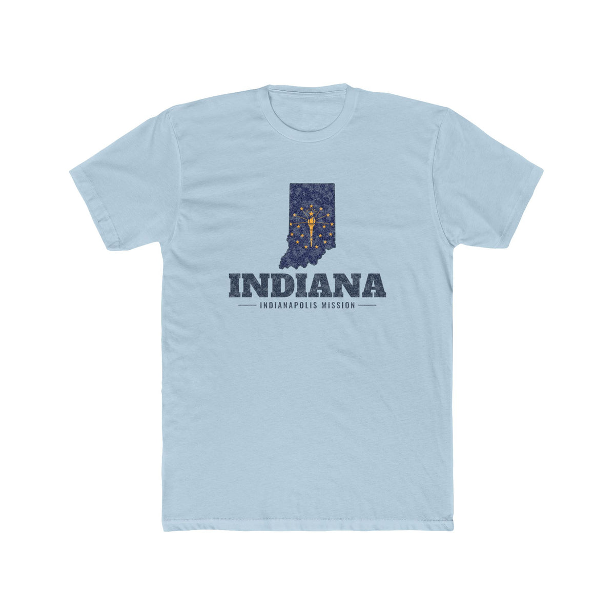 Indiana Indianapolis Mission Flag Map shirt in Desert Pink: Indiana state flag in the outline of Indiana with navy lettering, front view