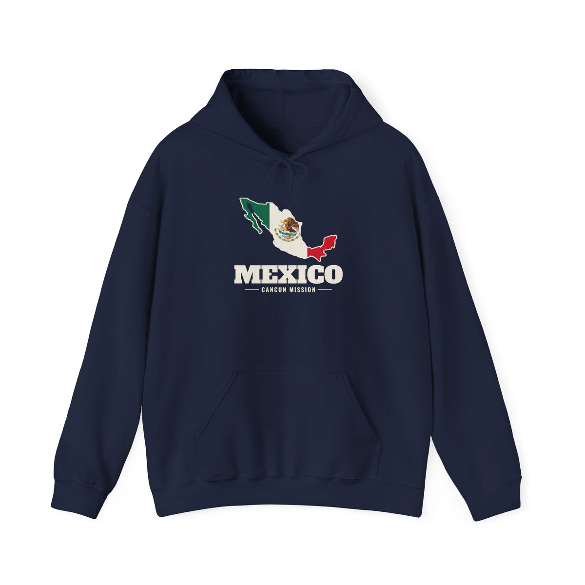 Mexico Cancun Mission Flag Map Hoodie in Navy, front view with the flag map and mission name