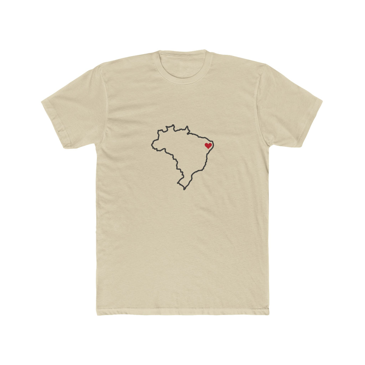 Brazil Natal Mission Heart Map shirt in Cream: Brazil outline with a red heart, front view