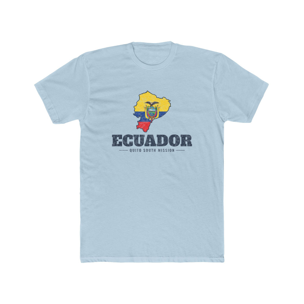 Ecuador Quito South Mission Flag Map shirt in Desert Pink: flag of Ecuador in the outline of Ecuador with navy lettering, front view