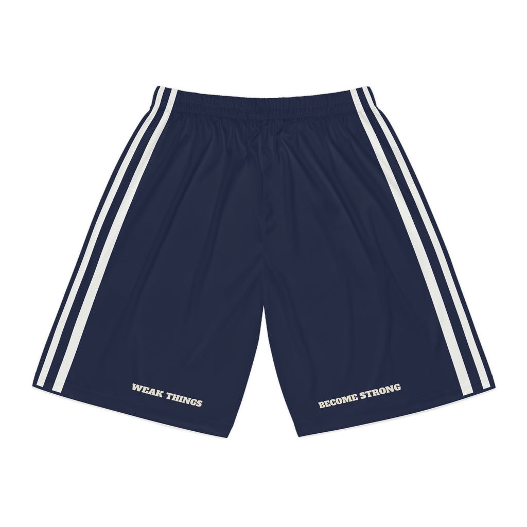 West Virginia Charleston Mission Basketball Shorts, back view with WEAK THINGS and BECOME STRONG on the legs