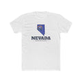 Nevada Henderson Mission Flag Map shirt in White: Nevada state flag in the outline of Nevada with navy lettering, front view