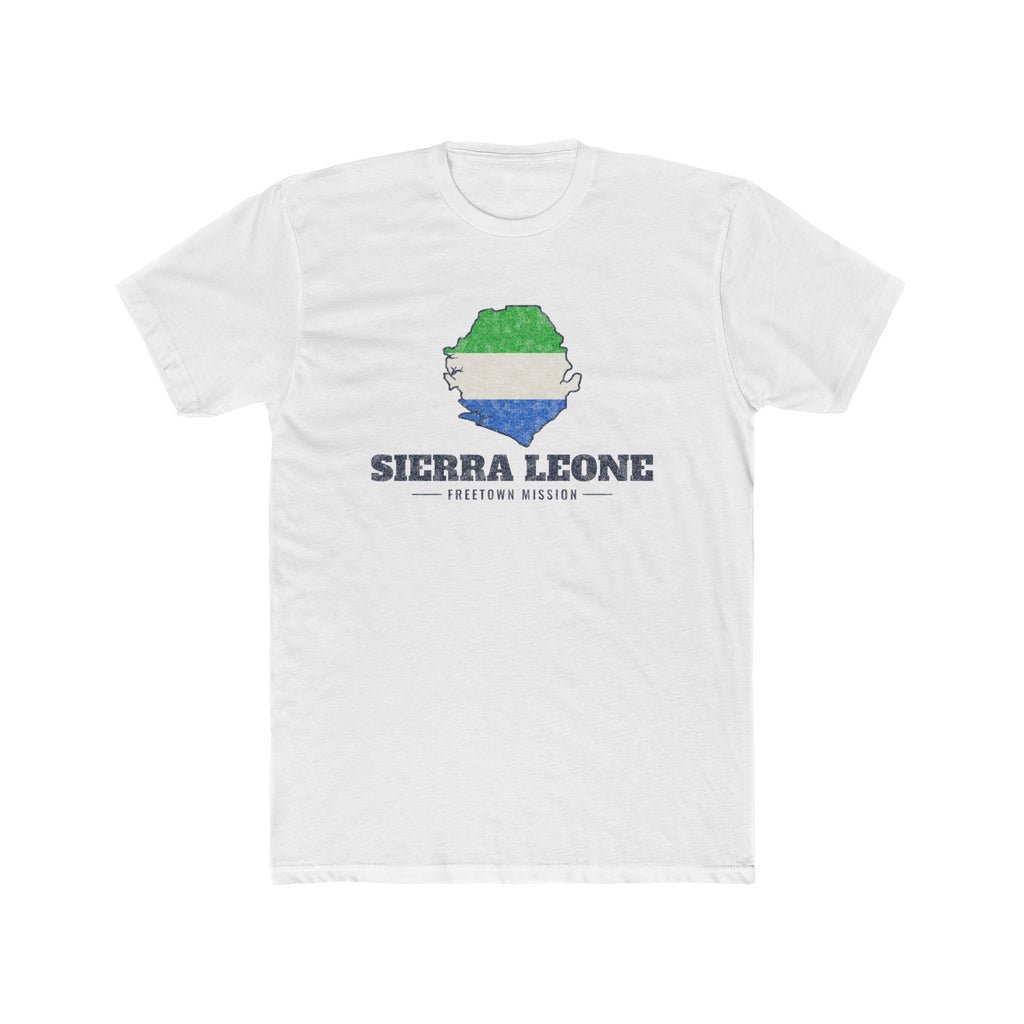 Sierra Leone Freetown Mission Flag Map shirt in White: flag of Sierra Leone in the outline of Sierra Leone with navy lettering, front view