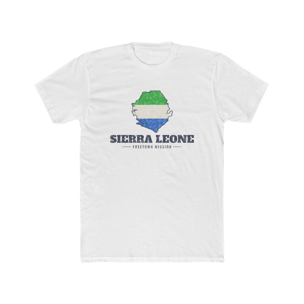 Sierra Leone Freetown Mission Flag Map shirt in White: flag of Sierra Leone in the outline of Sierra Leone with navy lettering, front view