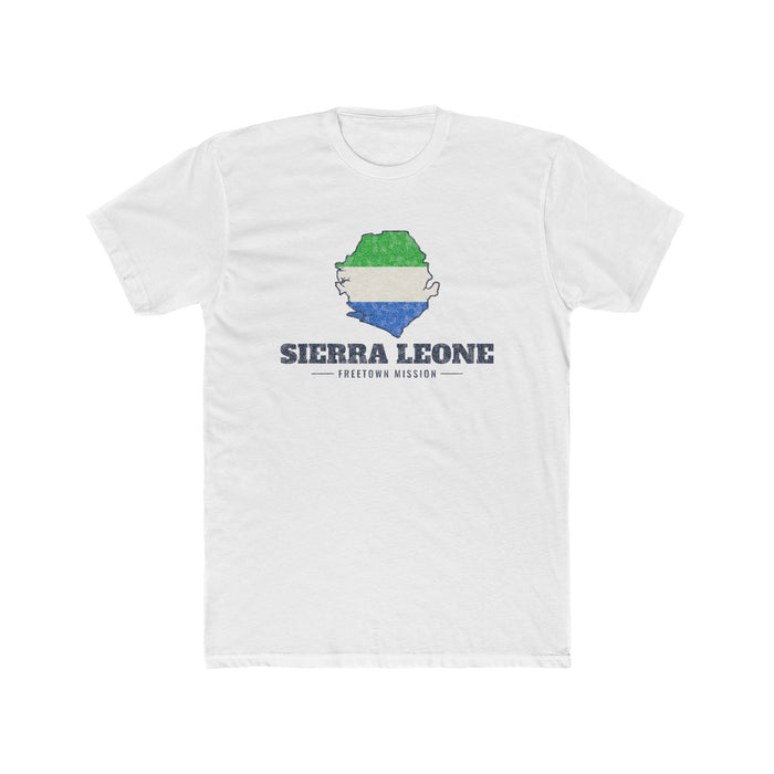 Sierra Leone Freetown Mission Flag Map shirt in White: flag of Sierra Leone in the outline of Sierra Leone with navy lettering, front view