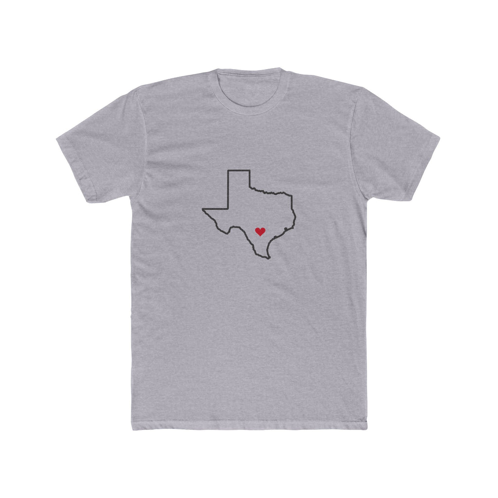 Texas San Antonio South Mission Heart Map shirt in a mission shirt color: Texas outline with a red heart, front view