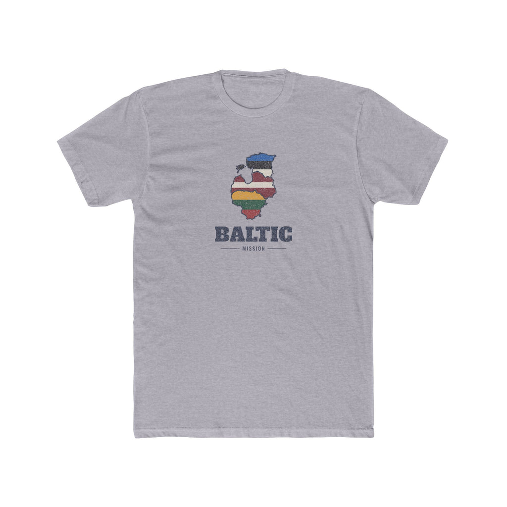 Baltic Mission Flag Map shirt in Heather Grey: flags of Estonia, Latvia and Lithuania in their country outlines with navy lettering, front view