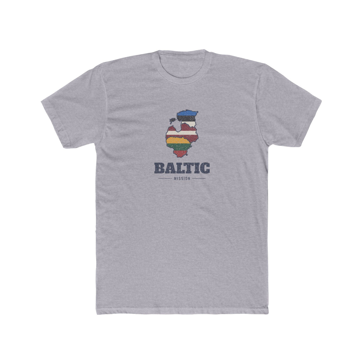 Baltic Mission Flag Map shirt in Heather Grey: flags of Estonia, Latvia and Lithuania in their country outlines with navy lettering, front view