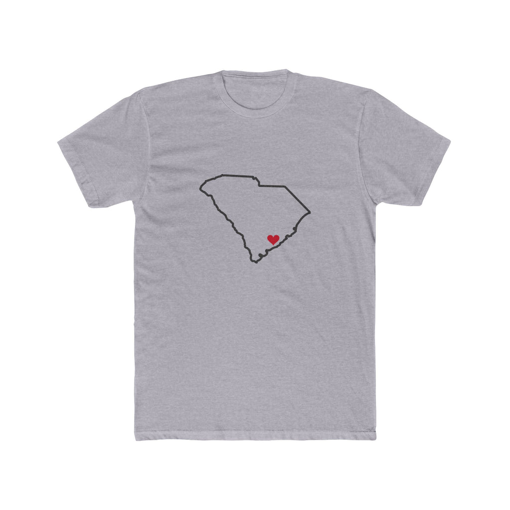 South Carolina Charleston Mission Heart Map shirt in Heather Grey: South Carolina outline with a red heart, front view