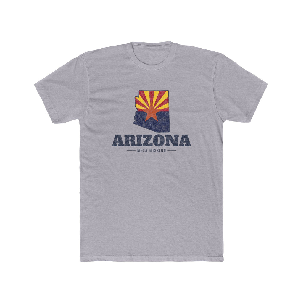 Arizona Mesa Mission Flag Map shirt in Heather Grey: Arizona state flag in the outline of Arizona with navy lettering, front view