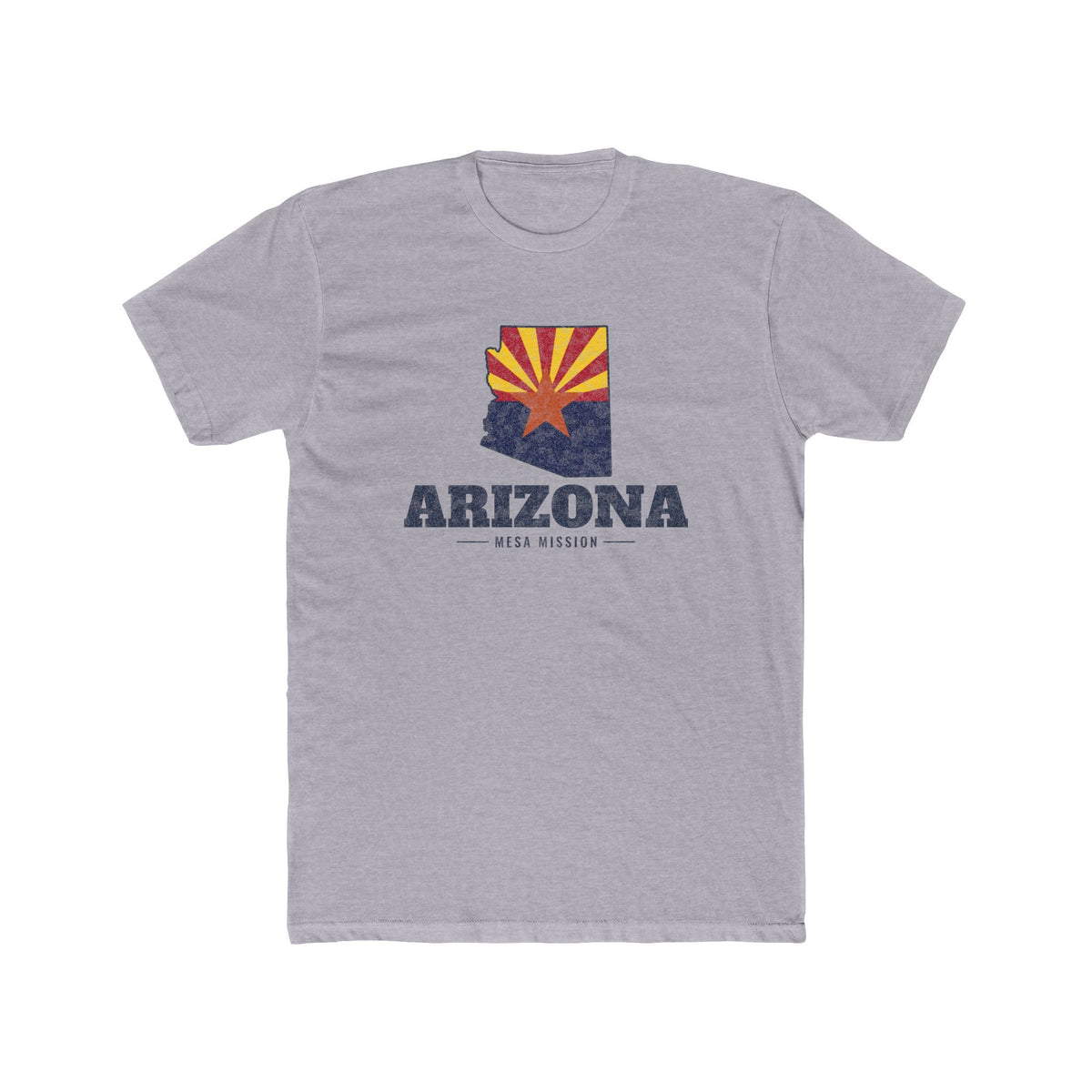 Arizona Mesa Mission Flag Map shirt in Heather Grey: Arizona state flag in the outline of Arizona with navy lettering, front view