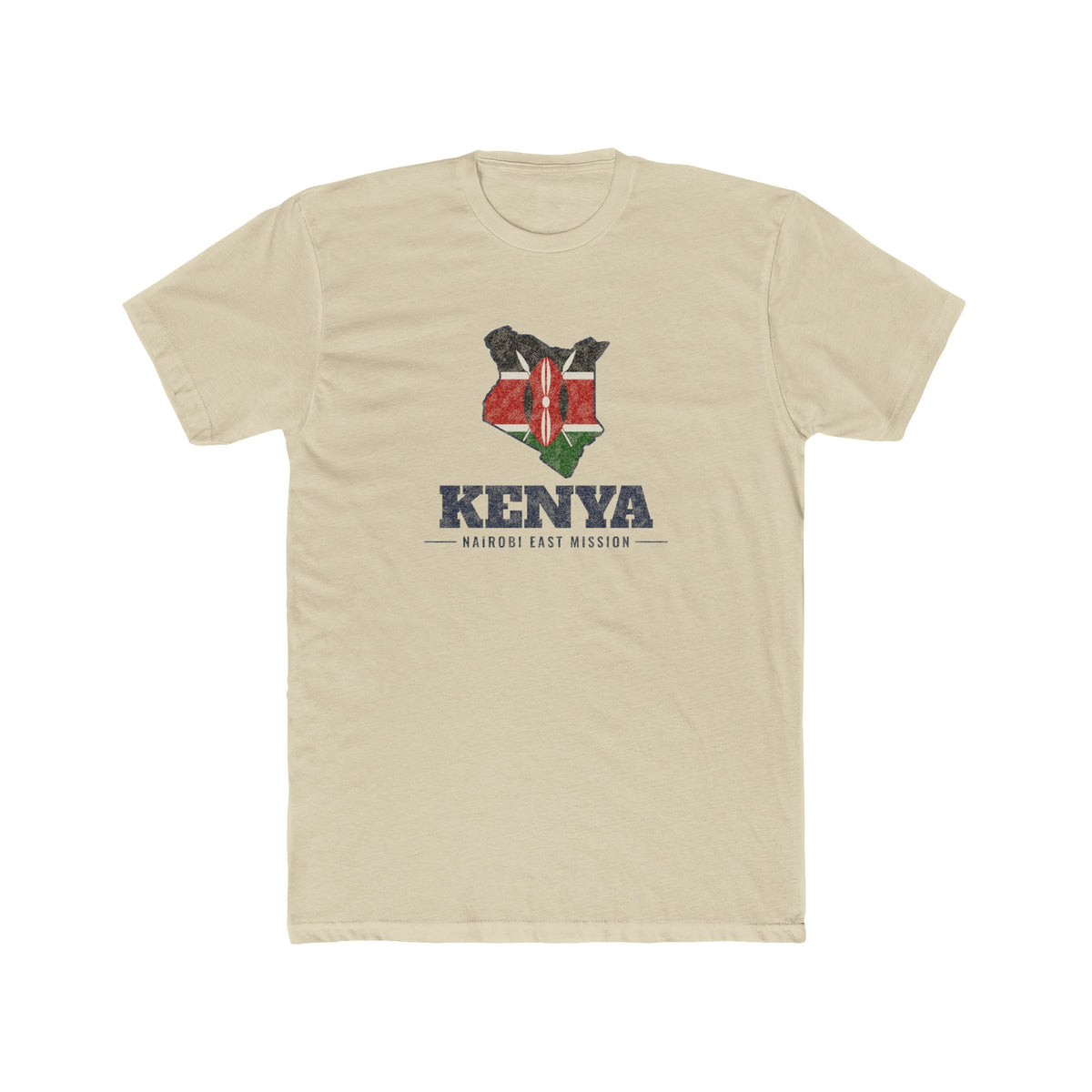 Kenya Nairobi East Mission Flag Map shirt in Cream: flag of Kenya in the outline of Kenya with navy lettering, front view