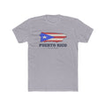 Puerto Rico San Juan Mission Flag Map shirt in Heather Grey: flag of Puerto Rico in the outline of Puerto Rico with navy lettering, front view