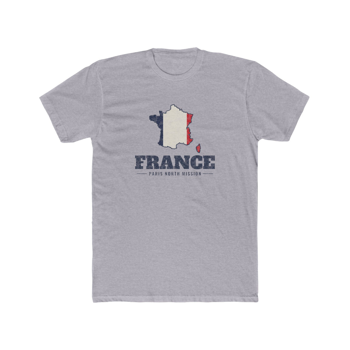 France Paris North Mission Flag Map shirt in Heather Grey: flag of France in the outline of France with navy lettering, front view