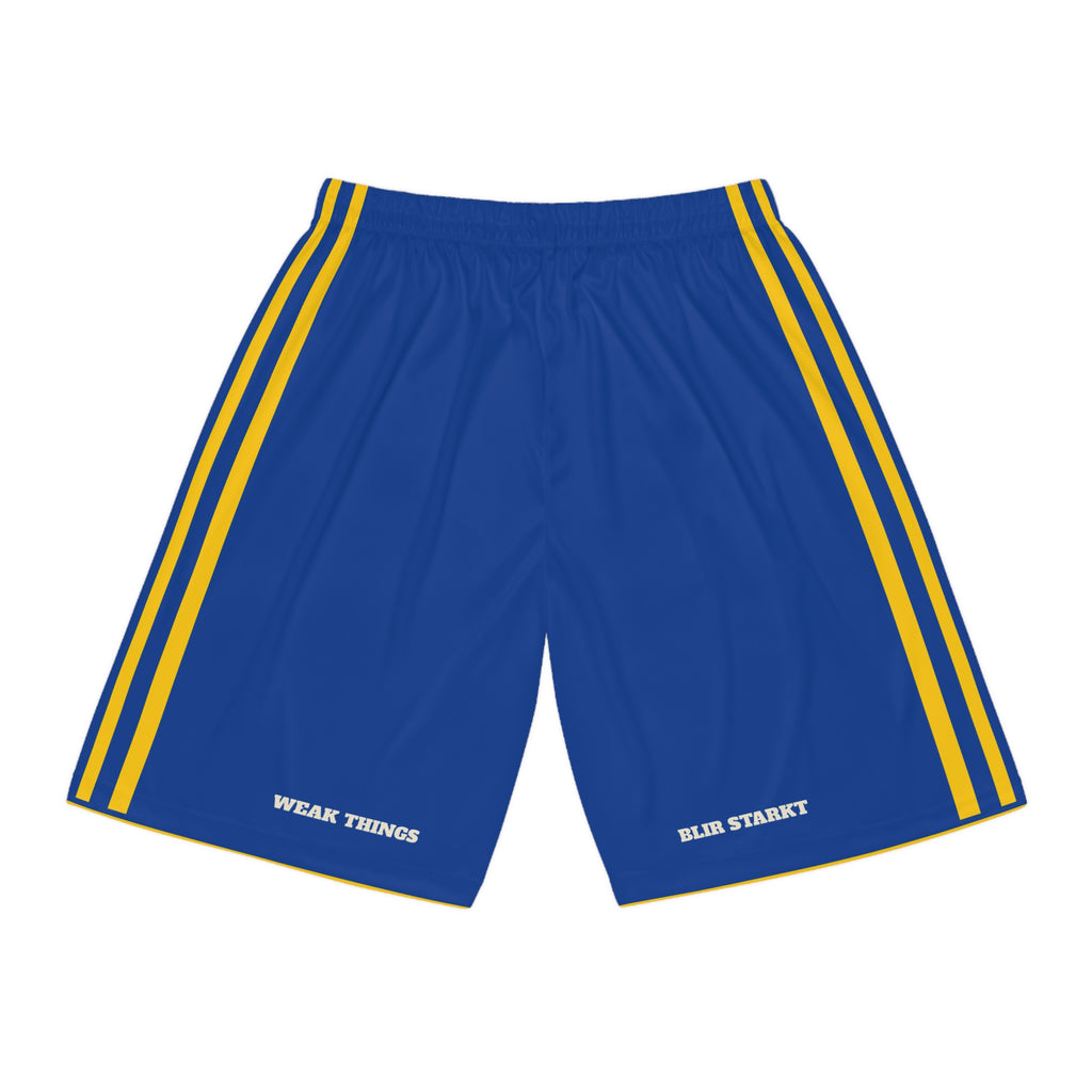 Sweden Stockholm Mission Basketball Shorts, back view with WEAK THINGS and BLIR STARKT on the legs