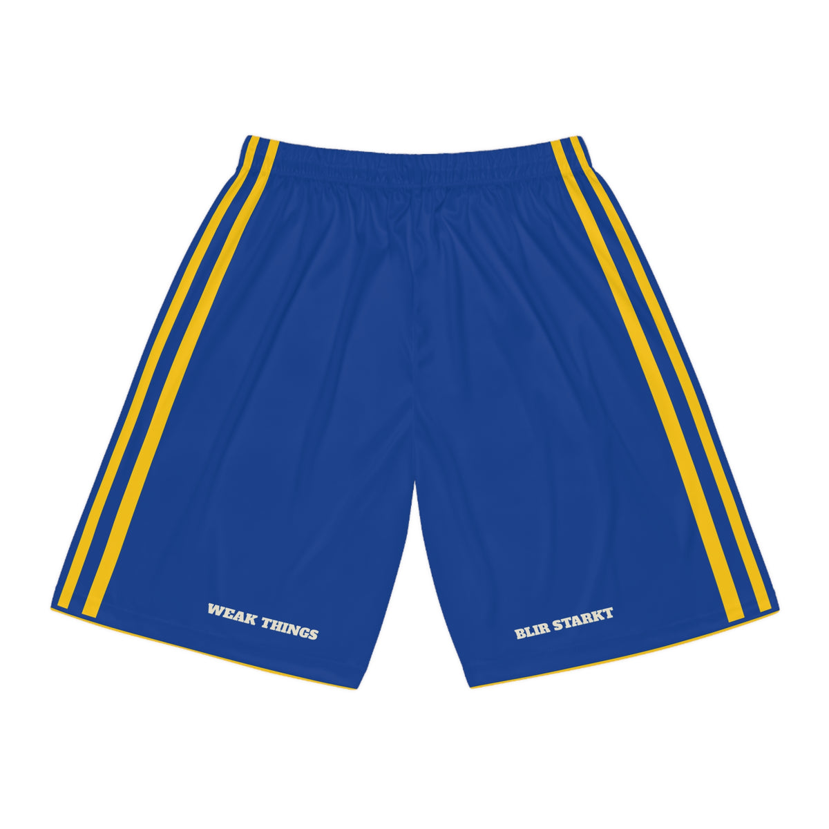 Sweden Stockholm Mission Basketball Shorts, back view with WEAK THINGS and BLIR STARKT on the legs