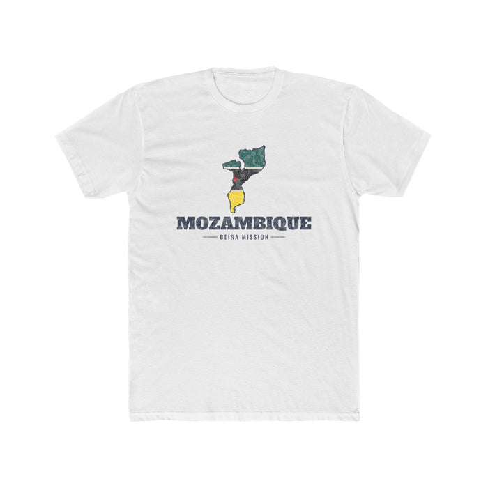 Mozambique Beira Mission Flag Map shirt in White: flag of Mozambique in the outline of Mozambique with navy lettering, front view