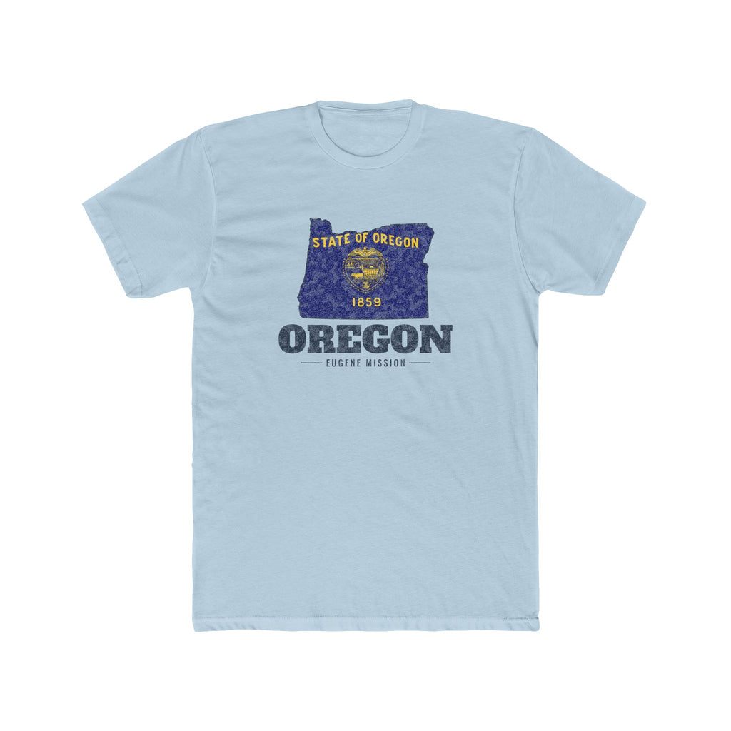 Oregon Eugene Mission Flag Map shirt in Desert Pink: Oregon state flag in the outline of Oregon with navy lettering, front view