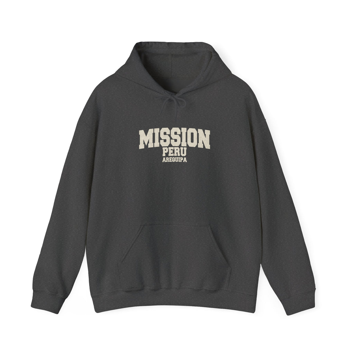 Peru Arequipa Mission Hoodie in Dark Heather, front view with the varsity mission design