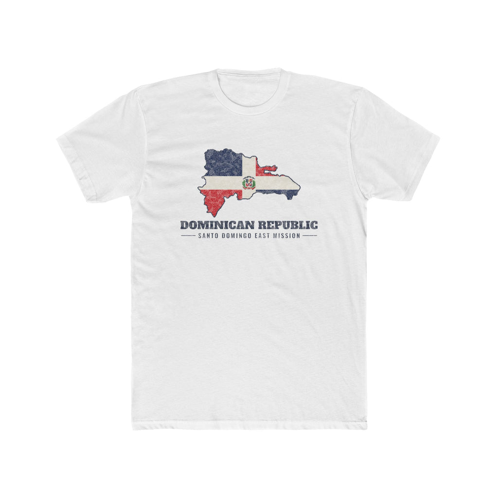 Dominican Republic Santo Domingo East Mission Flag Map shirt in White: flag of the Dominican Republic in the outline of the Dominican Republic with navy lettering, front view