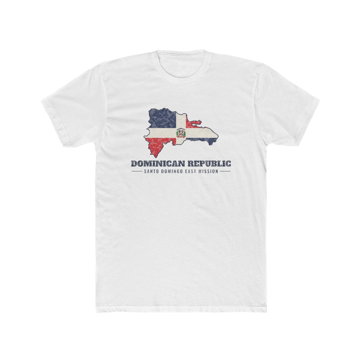 Dominican Republic Santo Domingo East Mission Flag Map shirt in White: flag of the Dominican Republic in the outline of the Dominican Republic with navy lettering, front view