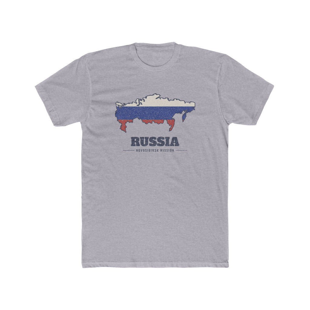 Russia Novosibirsk Mission Flag Map shirt in Heather Grey: flag of Russia in the outline of Russia with navy lettering, front view