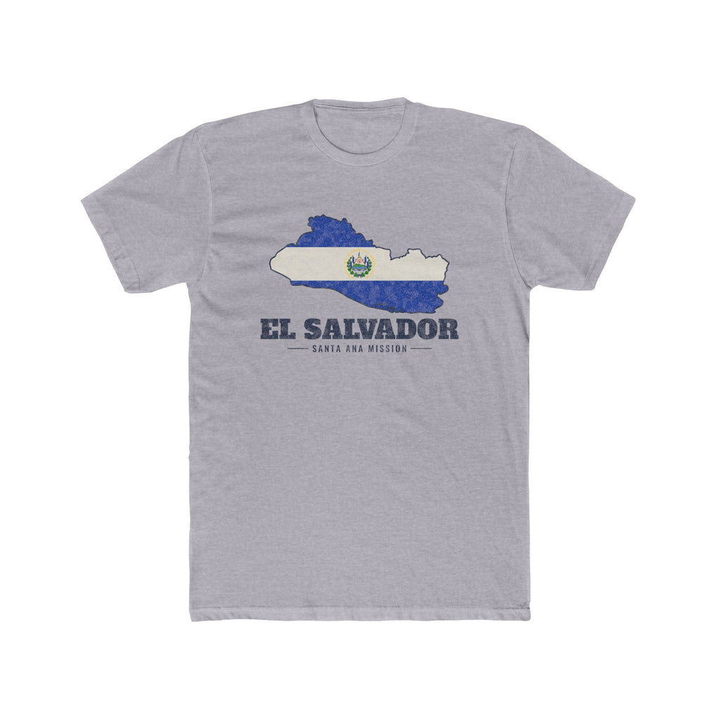 El Salvador Santa Ana Mission Flag Map shirt in Heather Grey: flag of El Salvador in the outline of El Salvador with navy lettering, front view