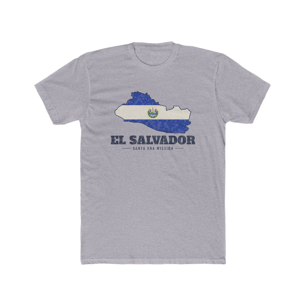 El Salvador Santa Ana Mission Flag Map shirt in Heather Grey: flag of El Salvador in the outline of El Salvador with navy lettering, front view