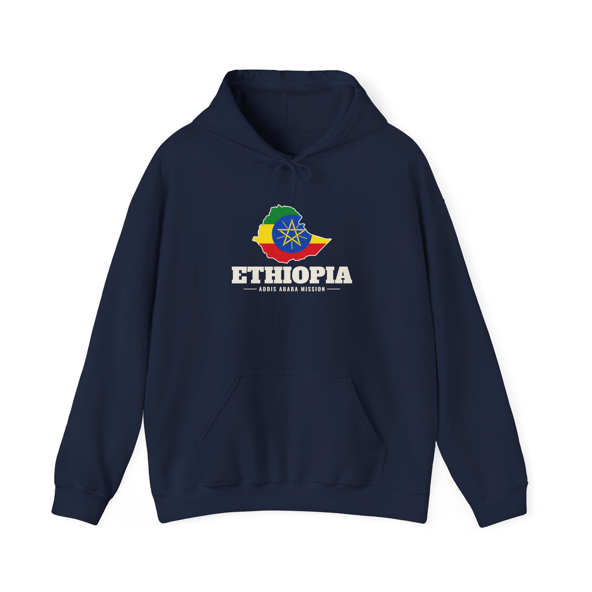 Ethiopia Addis Ababa Mission Flag Map Hoodie in Navy, front view with the flag map and mission name