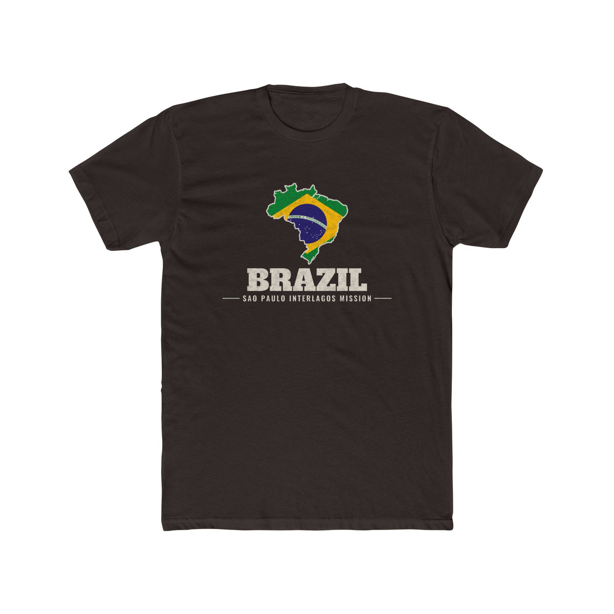 Brazil Sao Paulo Interlagos Mission Flag Map shirt in Dark Chocolate: flag of Brazil in the outline of Brazil with cream lettering, front view