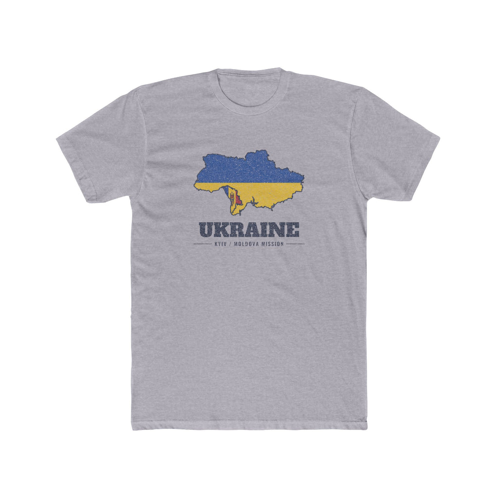 Ukraine Kyiv/Moldova Mission Flag Map shirt in Heather Grey: flags of Ukraine and Moldova in their country outlines with navy lettering, front view