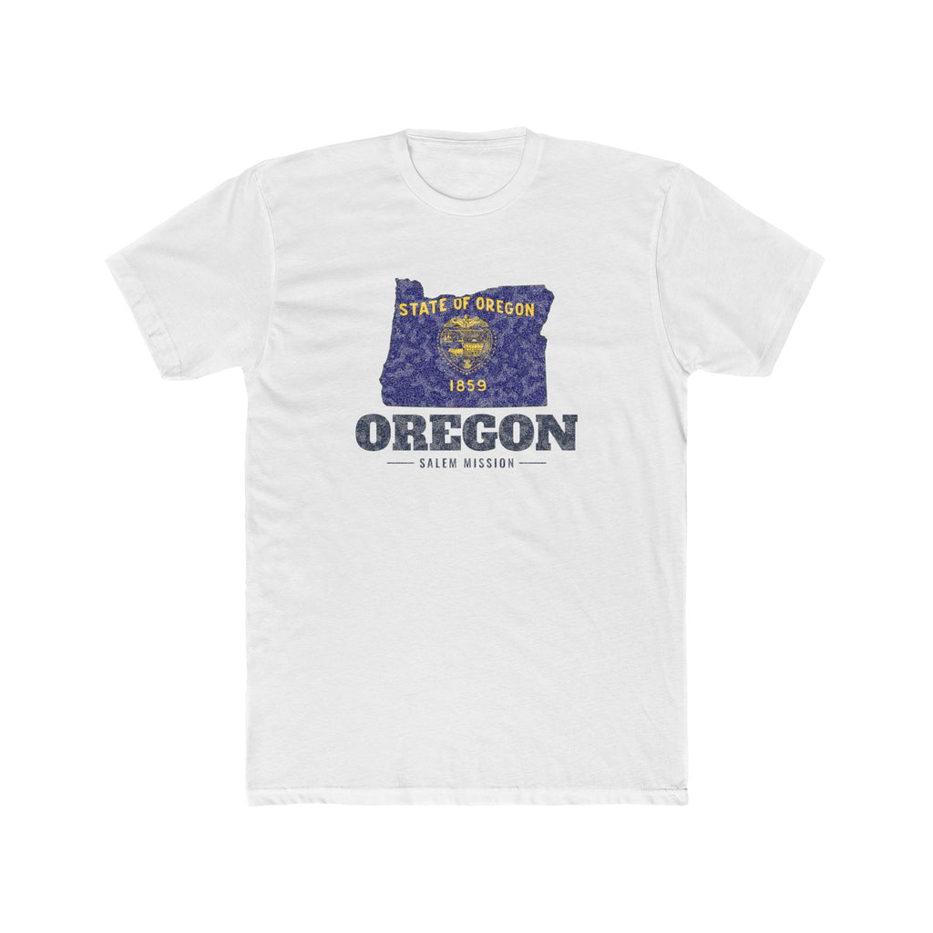 Oregon Salem Mission Flag Map shirt in White: Oregon state flag in the outline of Oregon with navy lettering, front view