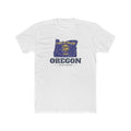 Oregon Salem Mission Flag Map shirt in White: Oregon state flag in the outline of Oregon with navy lettering, front view