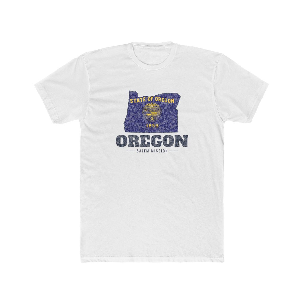 Oregon Salem Mission Flag Map shirt in White: Oregon state flag in the outline of Oregon with navy lettering, front view