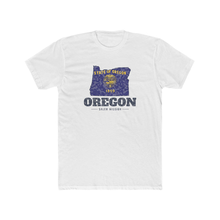 Oregon Salem Mission Flag Map shirt in White: Oregon state flag in the outline of Oregon with navy lettering, front view