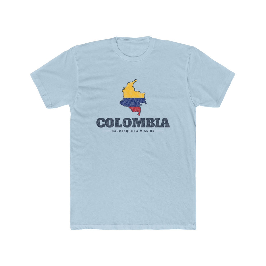 Colombia Barranquilla Mission Flag Map shirt in Desert Pink: flag of Colombia in the outline of Colombia with navy lettering, front view