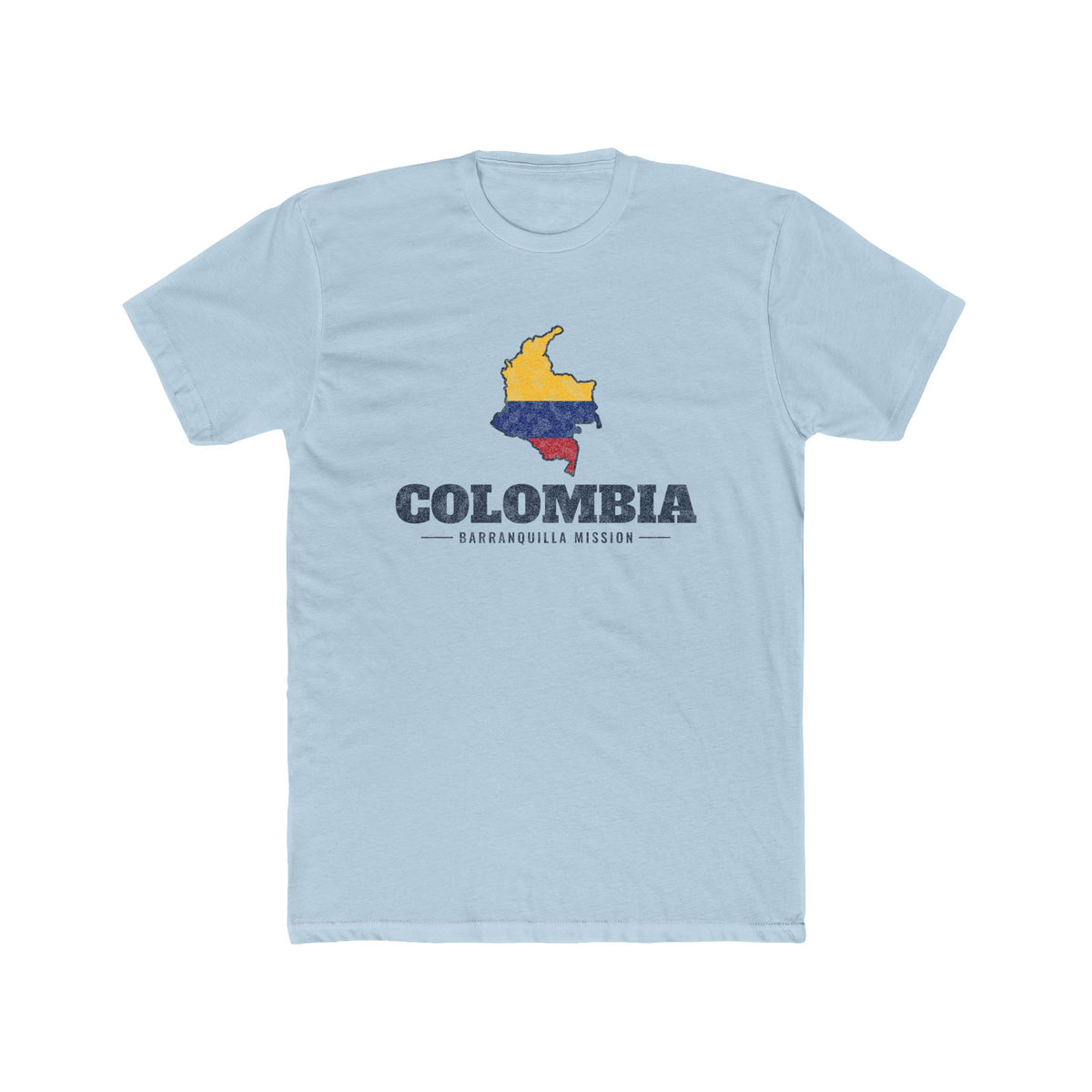 Colombia Barranquilla Mission Flag Map shirt in Desert Pink: flag of Colombia in the outline of Colombia with navy lettering, front view