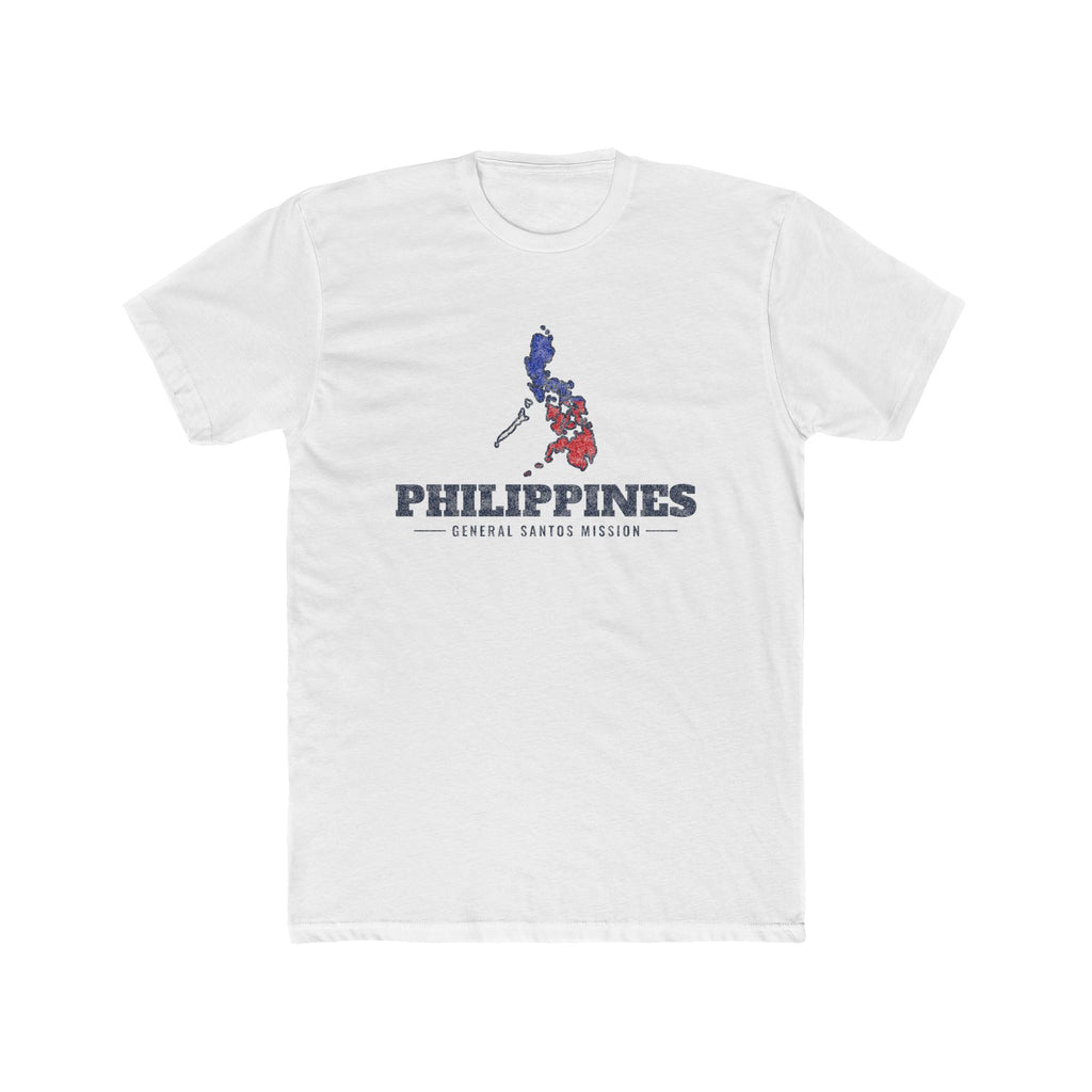 Philippines General Santos Mission Flag Map shirt in White: colors of the Philippine flag in the outline of the Philippines with navy lettering, front view