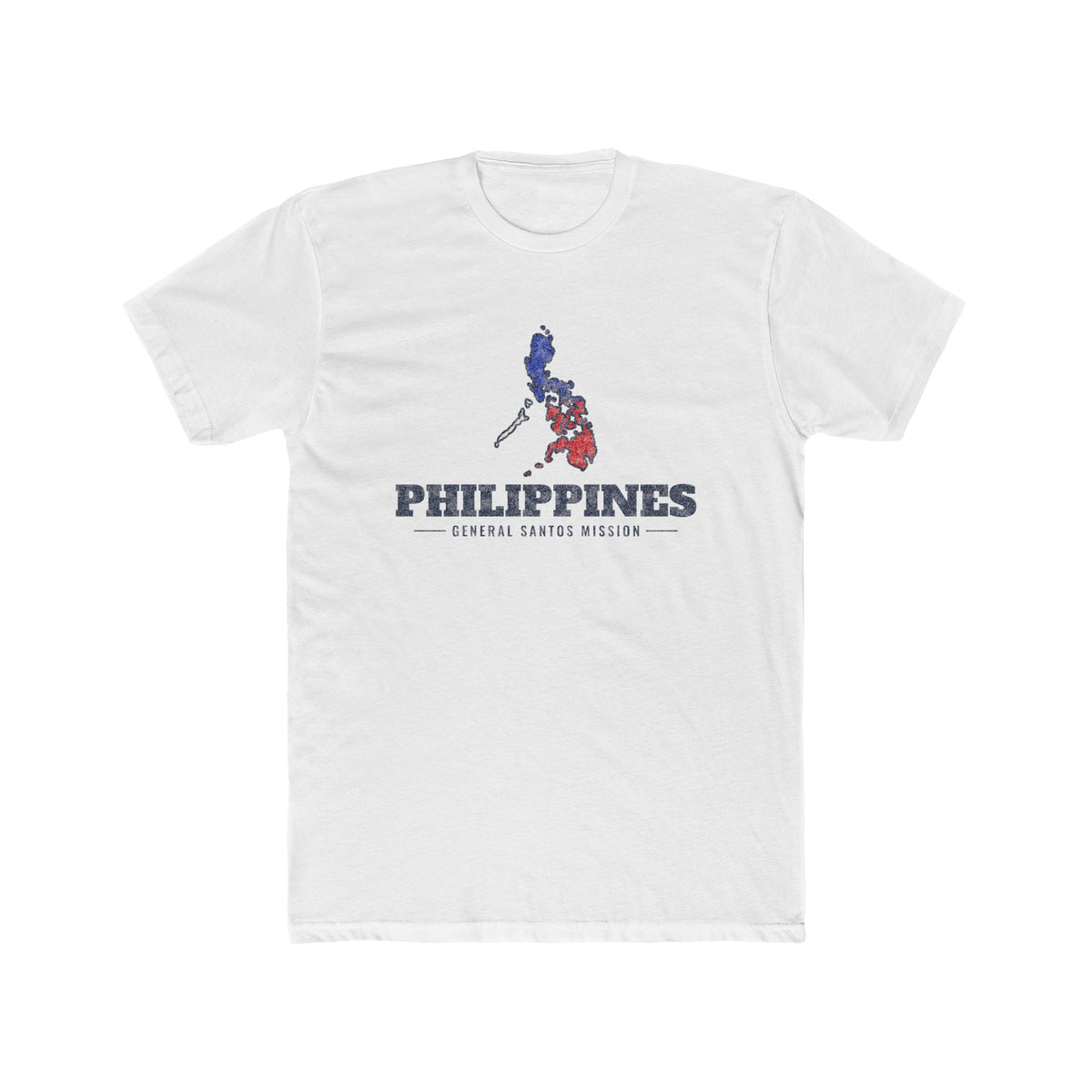 Philippines General Santos Mission Flag Map shirt in White: colors of the Philippine flag in the outline of the Philippines with navy lettering, front view