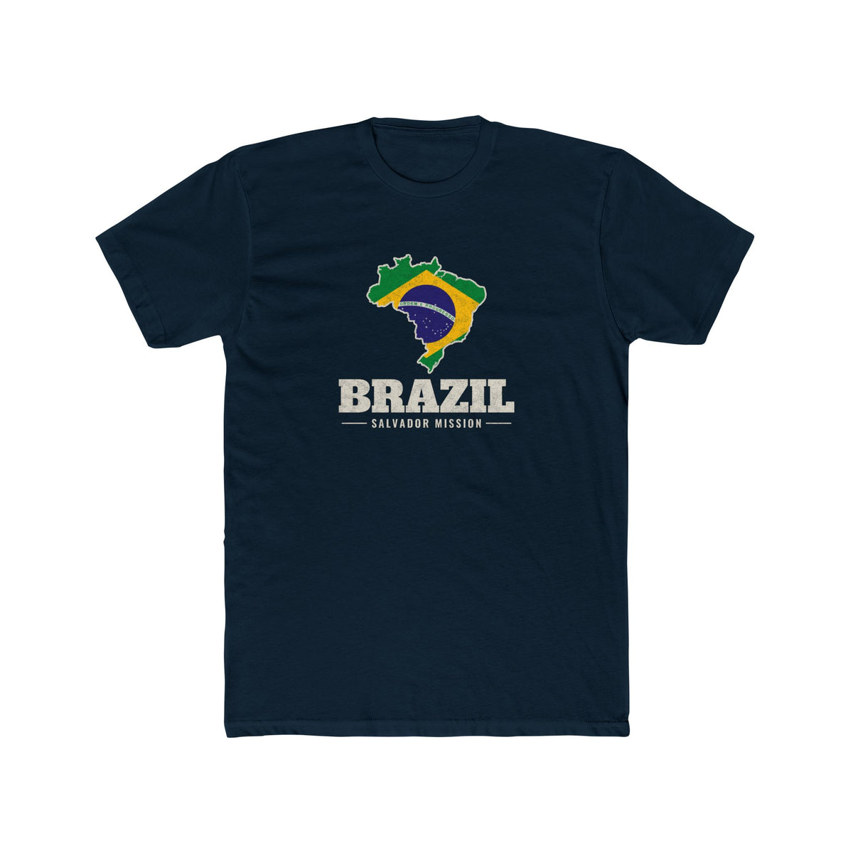 Brazil Salvador Mission Flag Map shirt in Black: flag of Brazil in the outline of Brazil with cream lettering, front view