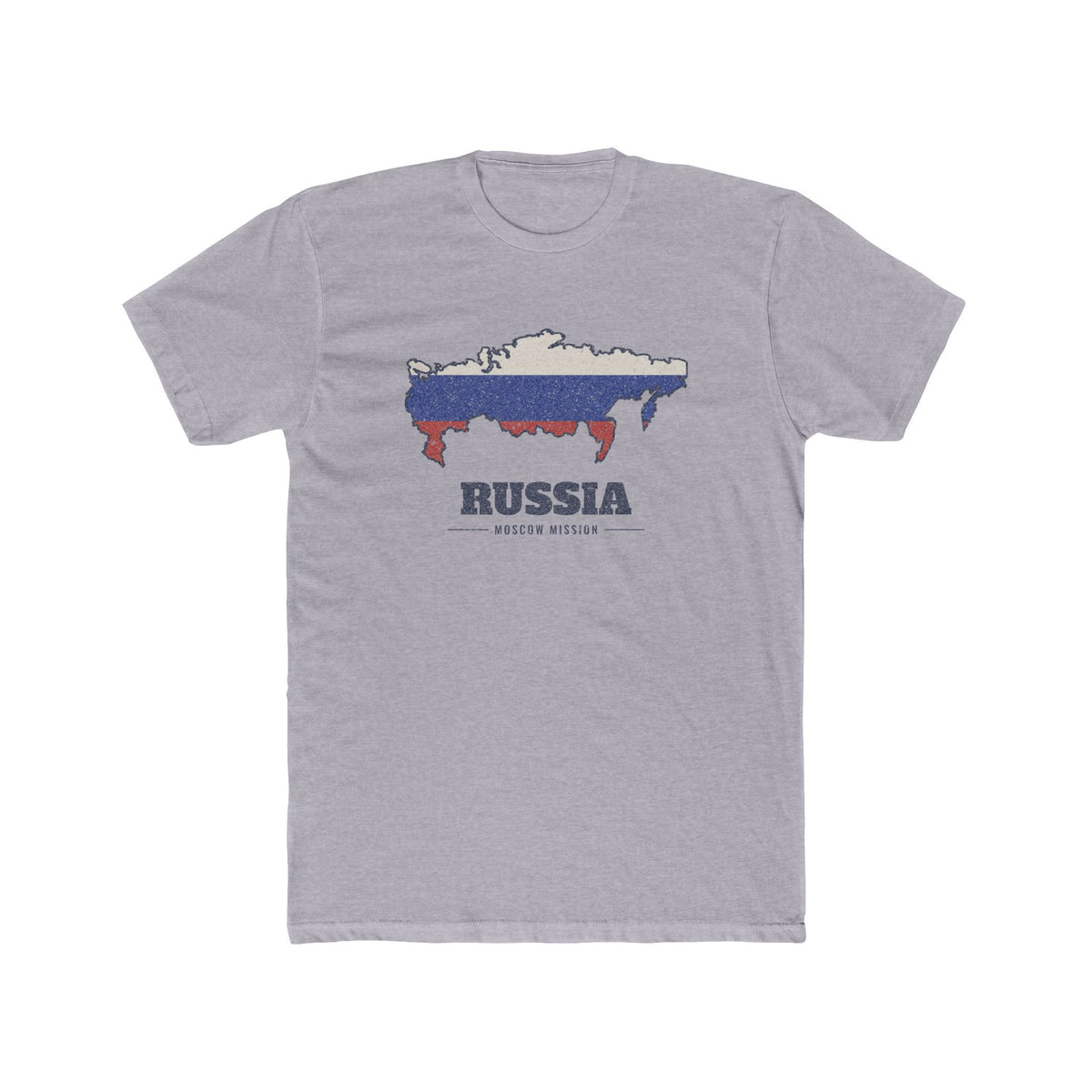 Russia Moscow Mission Flag Map shirt in Heather Grey: flag of Russia in the outline of Russia with navy lettering, front view