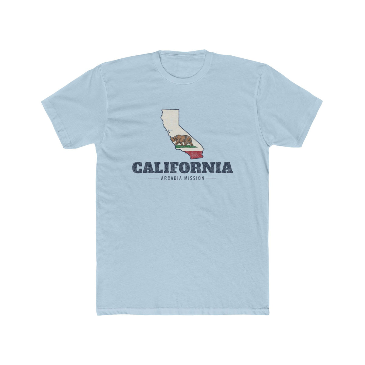 California Arcadia Mission Flag Map shirt in Desert Pink: California state flag in the outline of California with navy lettering, front view