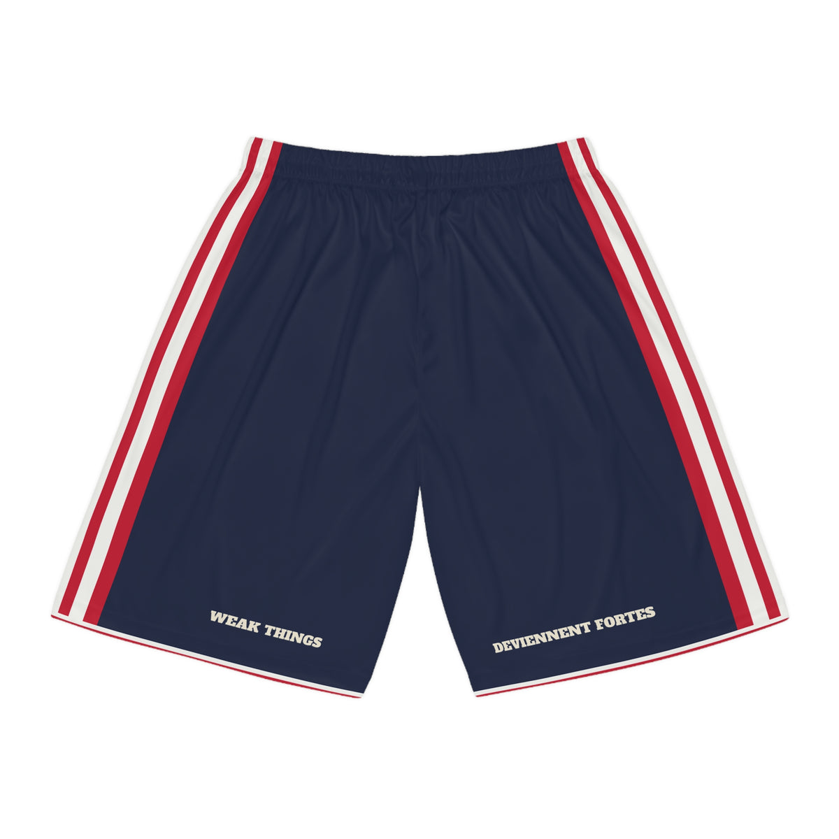 France Paris South Mission Basketball Shorts, back view with WEAK THINGS and DEVIENNENT FORTES on the legs