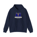 Oregon Eugene Mission Flag Map Hoodie in Navy, front view with the flag map and mission name
